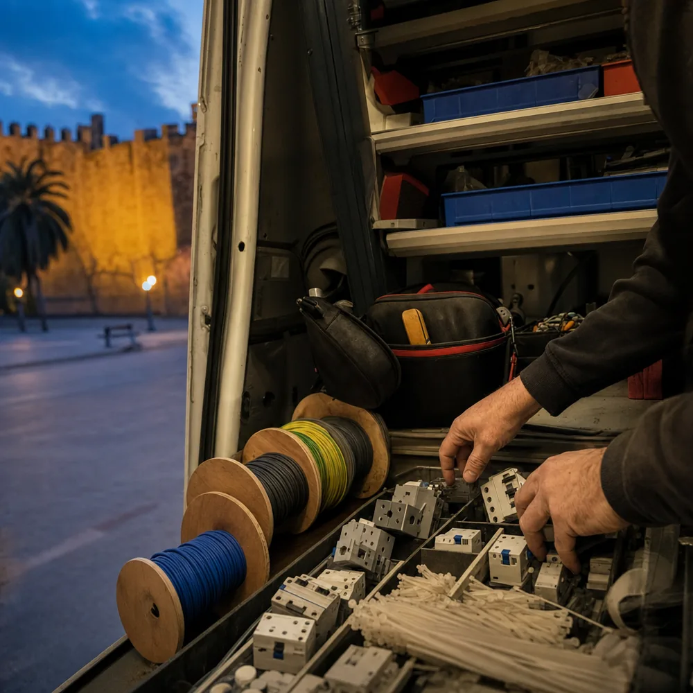 Técnico preparando material eléctrico en la furgoneta antes de un aviso en Alcúdia
