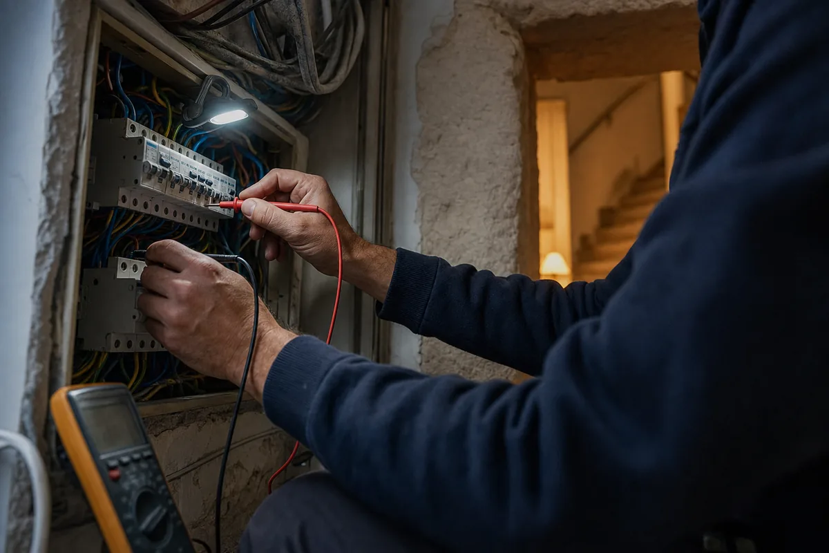 Electricista urgente en Alcúdia midiendo tensión en el cuadro de una vivienda a oscuras