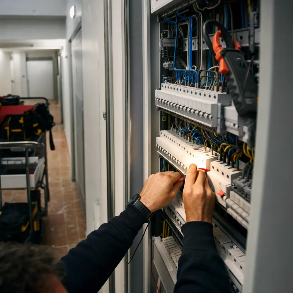 Electricista urgente en Alcúdia reparando el cuadro trifásico de un hotel del puerto