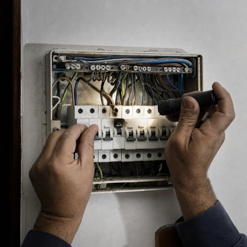 Manos rearmando un diferencial saltado en el cuadro eléctrico de una casa de Alcúdia