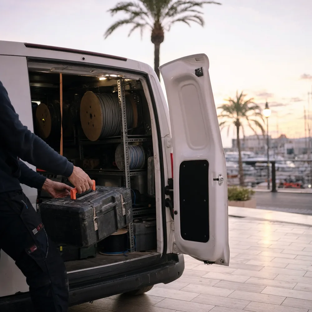 Furgoneta de electricista urgente saliendo a un aviso en el Port d'Alcúdia al amanecer