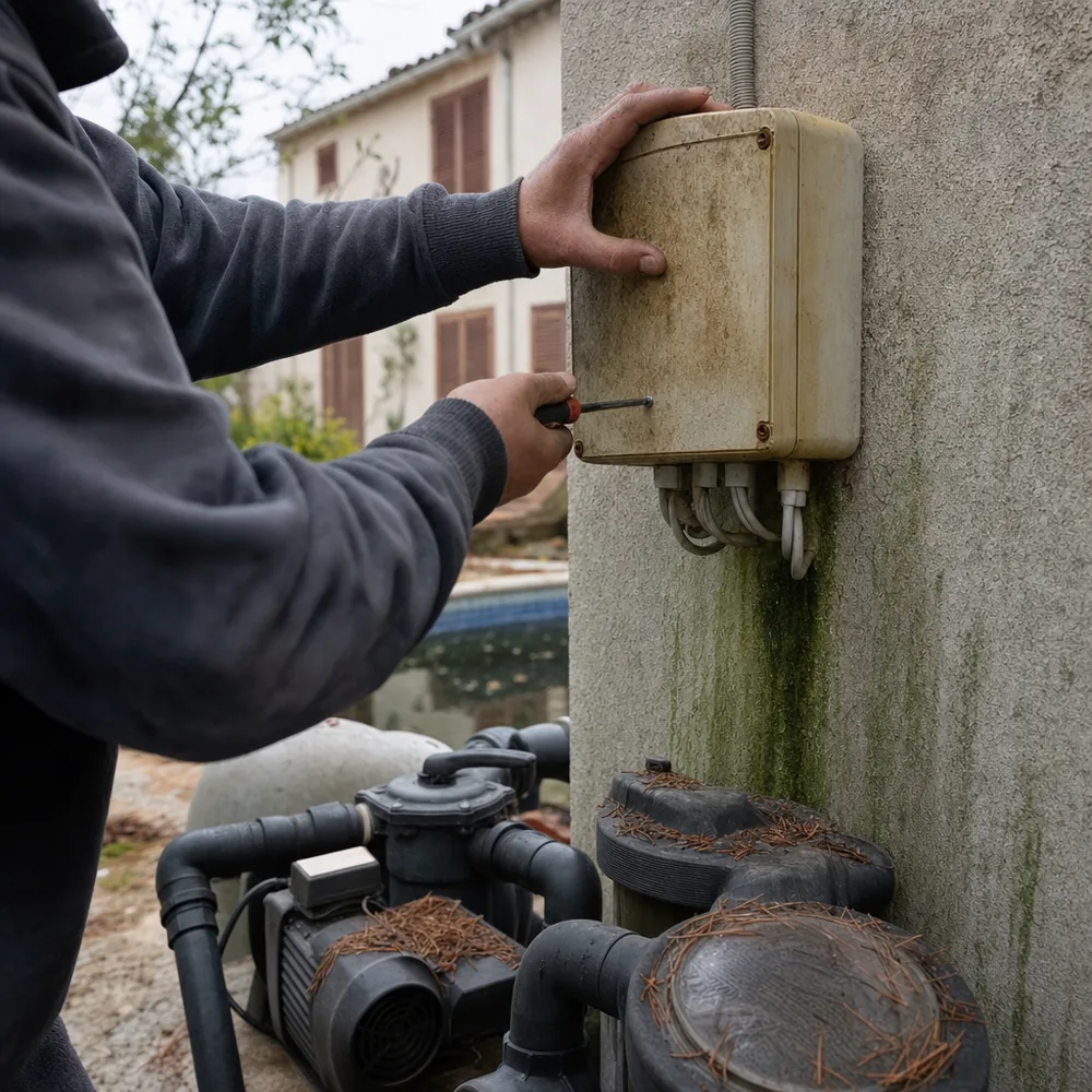 Caja de conexiones oxidada junto a la depuradora de una casa cerrada en Andratx
