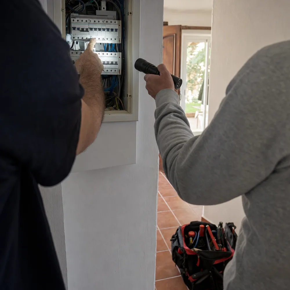 Técnico explicando la avería del cuadro al propietario de una casa de Andratx