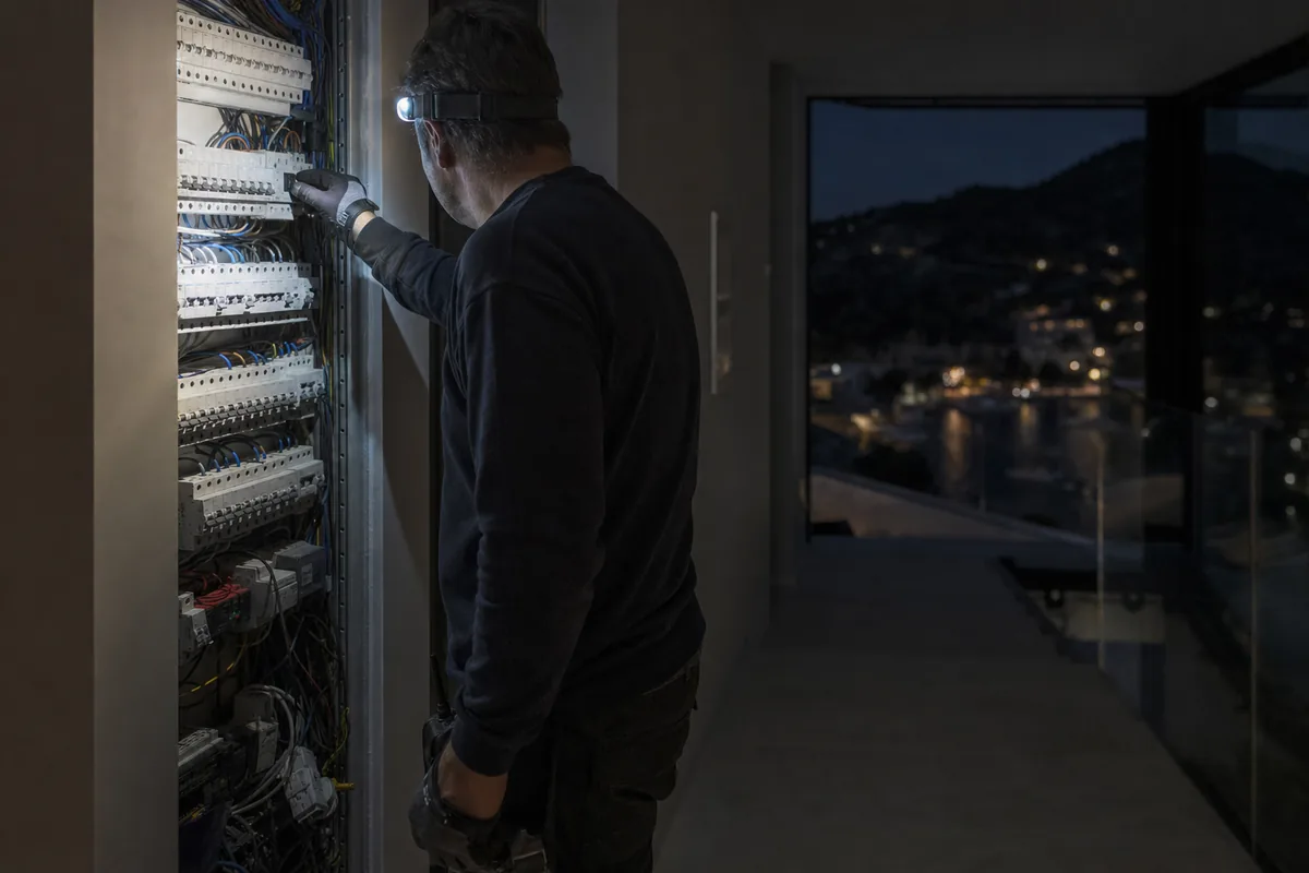 Electricista urgente en Andratx revisando de noche el cuadro eléctrico de una villa