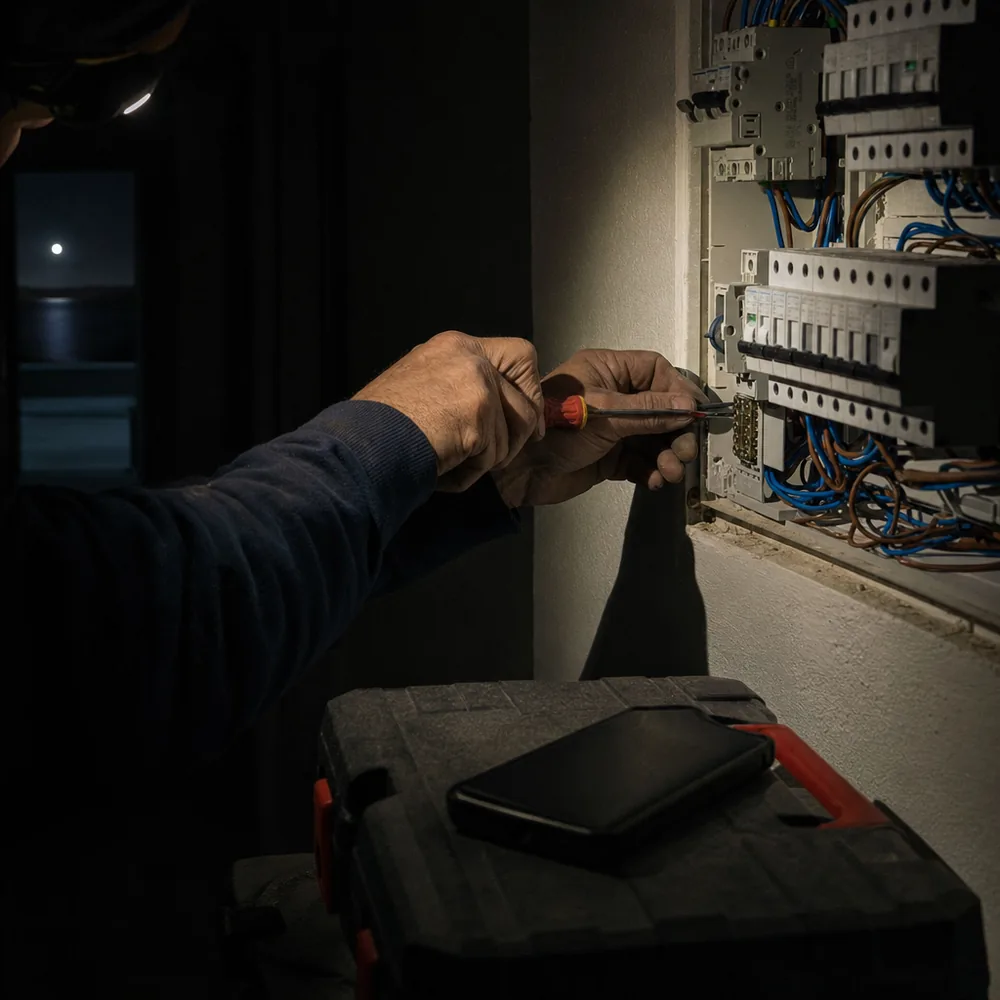 Ajuste de bornes en el cuadro durante una urgencia eléctrica nocturna en Andratx