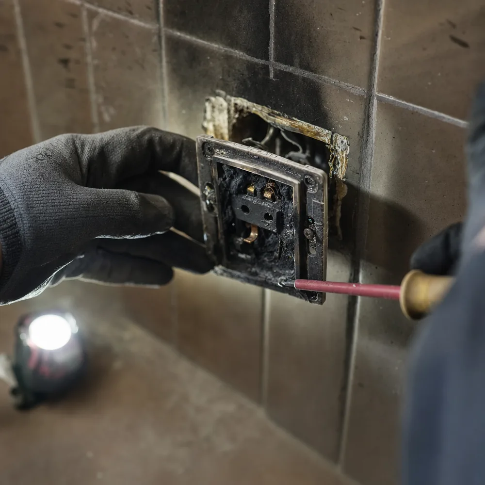 Enchufe quemado desmontado durante una urgencia eléctrica en una vivienda de Calvià