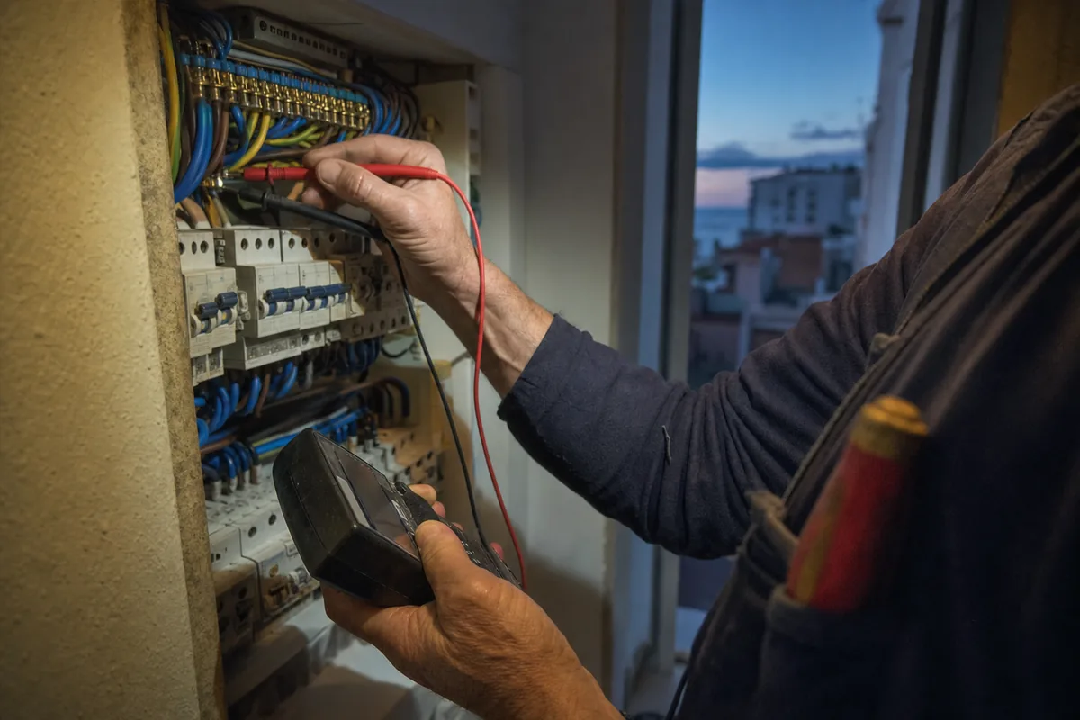 Electricista urgente en Calvià midiendo tensión con un multímetro en el cuadro eléctrico