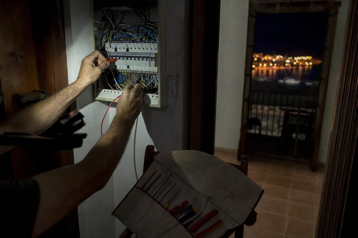 Electricista urgente en Capdepera midiendo en el cuadro de un apartamento sin luz