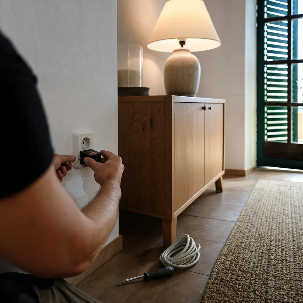 Comprobación de un enchufe con la luz ya restablecida en una vivienda de Capdepera