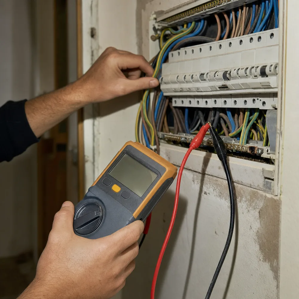 Electricista urgente en Capdepera midiendo aislamiento en un cuadro con el diferencial saltado