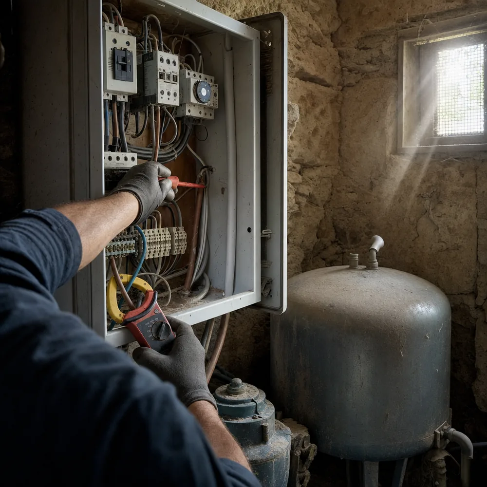 Electricista revisando el cuadro trifásico de una bomba de pozo en Felanitx
