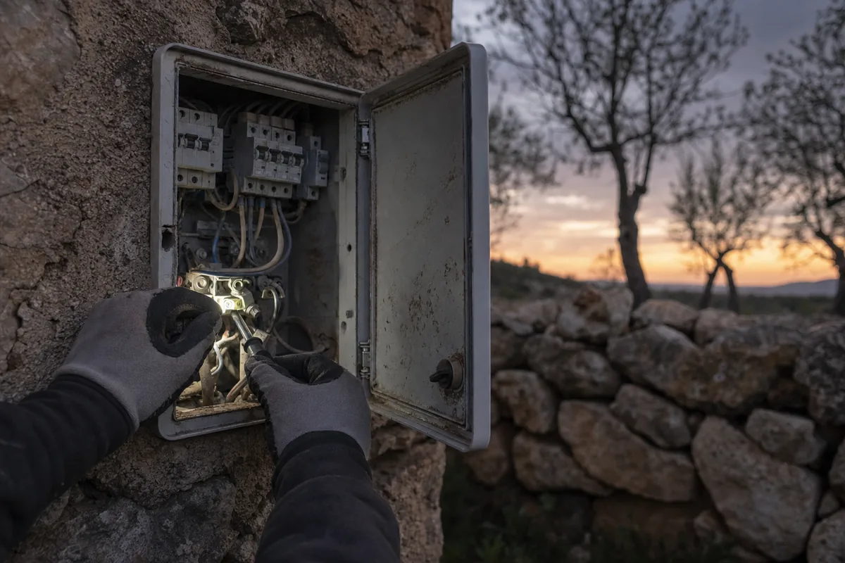 Electricista urgente en Felanitx abriendo el cuadro exterior de una finca al anochecer