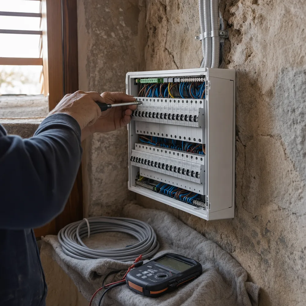 Cuadro nuevo montado por el electricista urgente en Felanitx en una casa de piedra