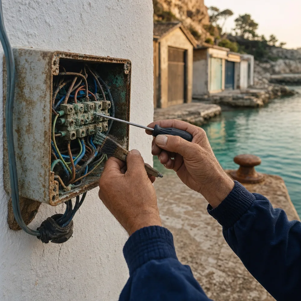 Caja de conexiones oxidada por el salitre en el puerto de Portocolom, Felanitx