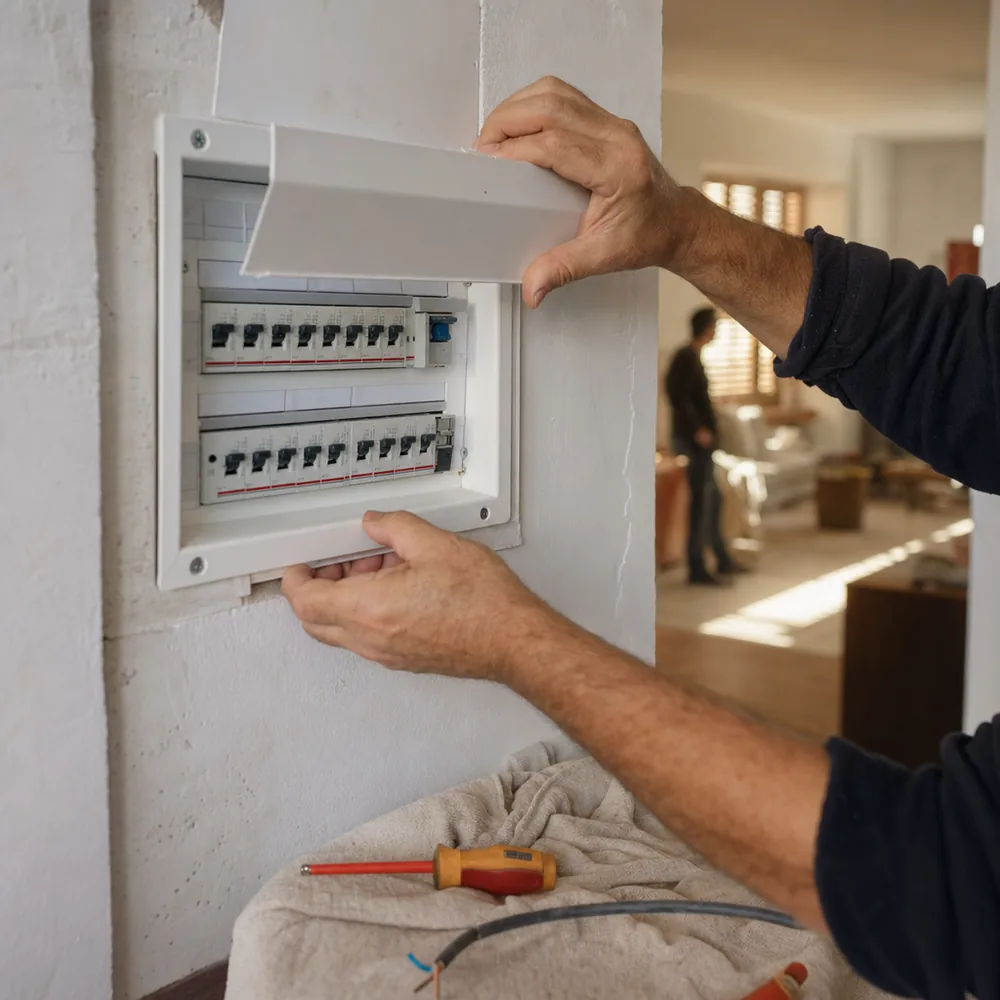 Electricista urgente en Inca cerrando la tapa del cuadro tras terminar la reparación