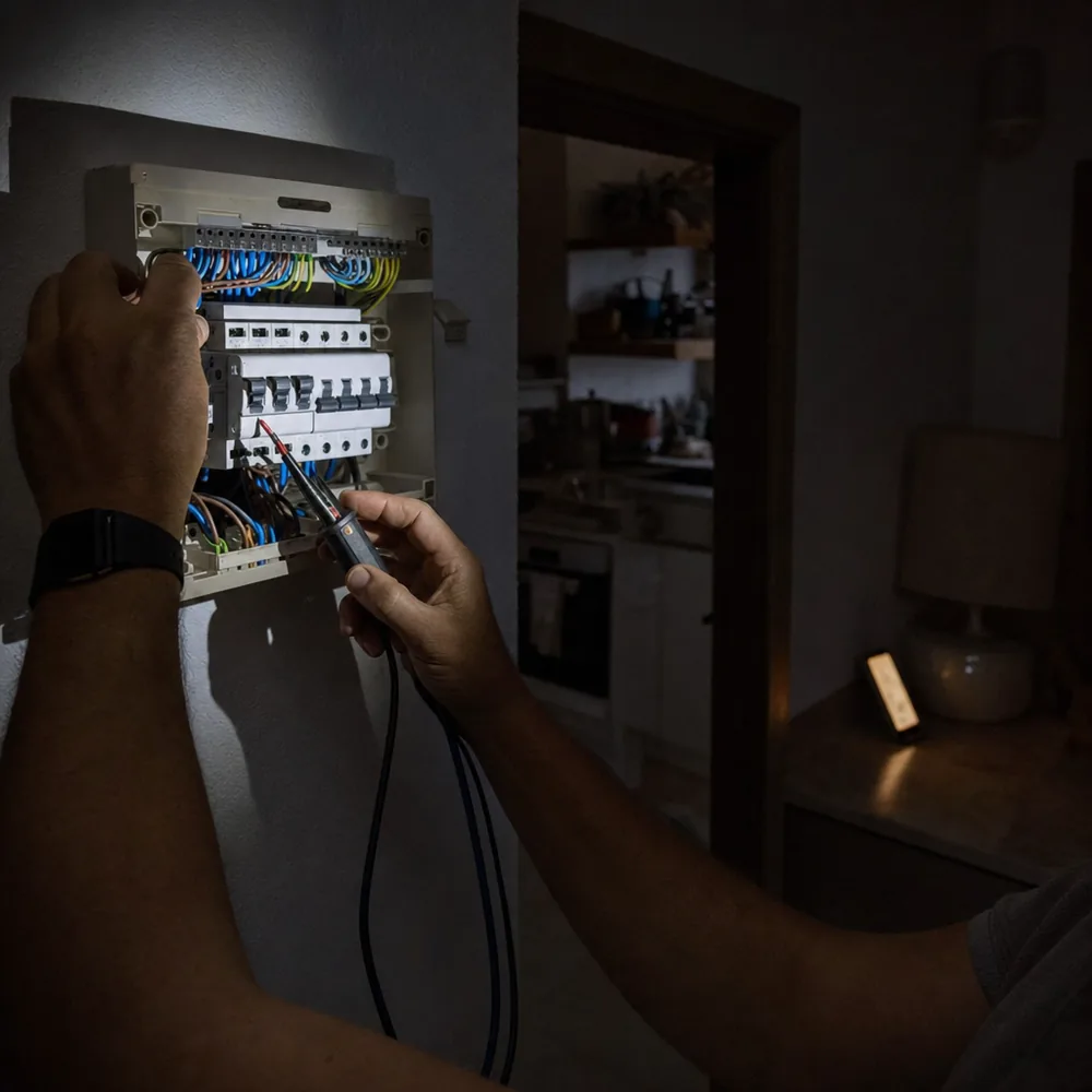 Electricista trabajando de noche con frontal en el cuadro de una vivienda de Inca
