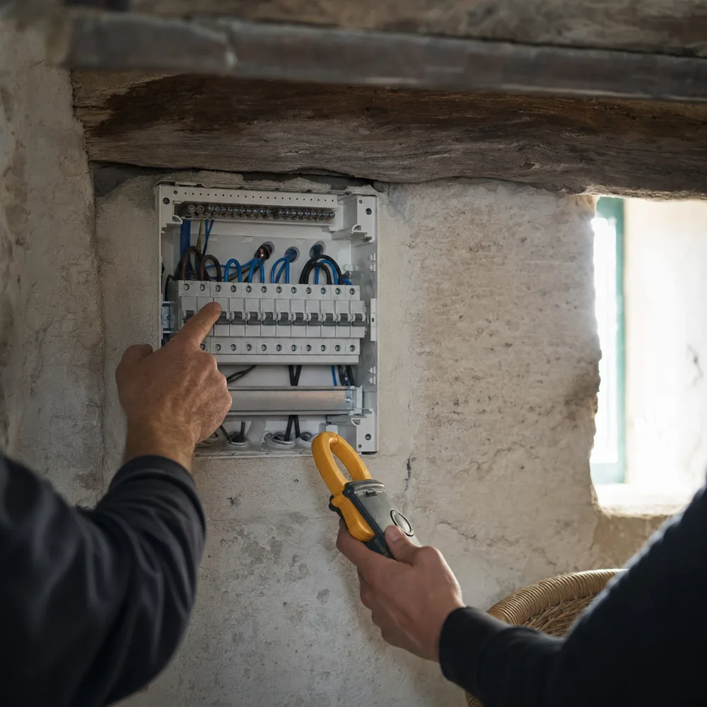 Explicación del cuadro eléctrico nuevo a un cliente en una finca de Llucmajor