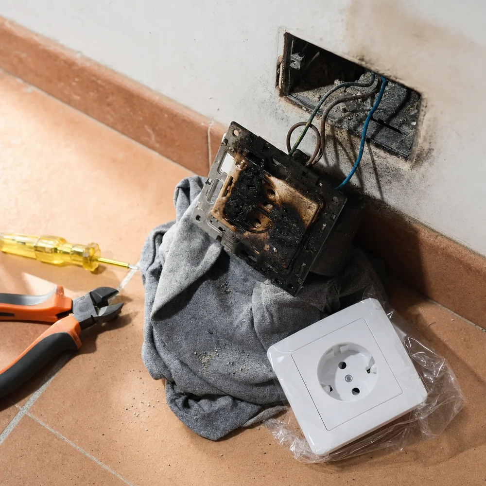 Enchufe quemado sustituido durante una urgencia eléctrica en una vivienda de Llucmajor