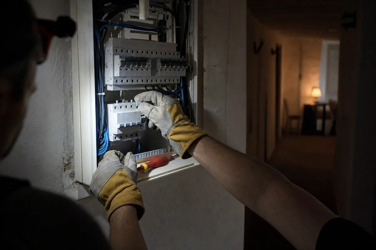 Electricista urgente en Llucmajor rearmando el diferencial de un cuadro eléctrico de noche