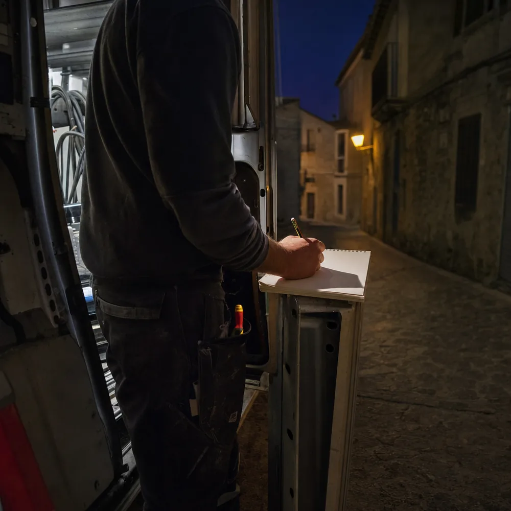 Electricista urgente en Llucmajor cerrando el presupuesto junto a la furgoneta de noche