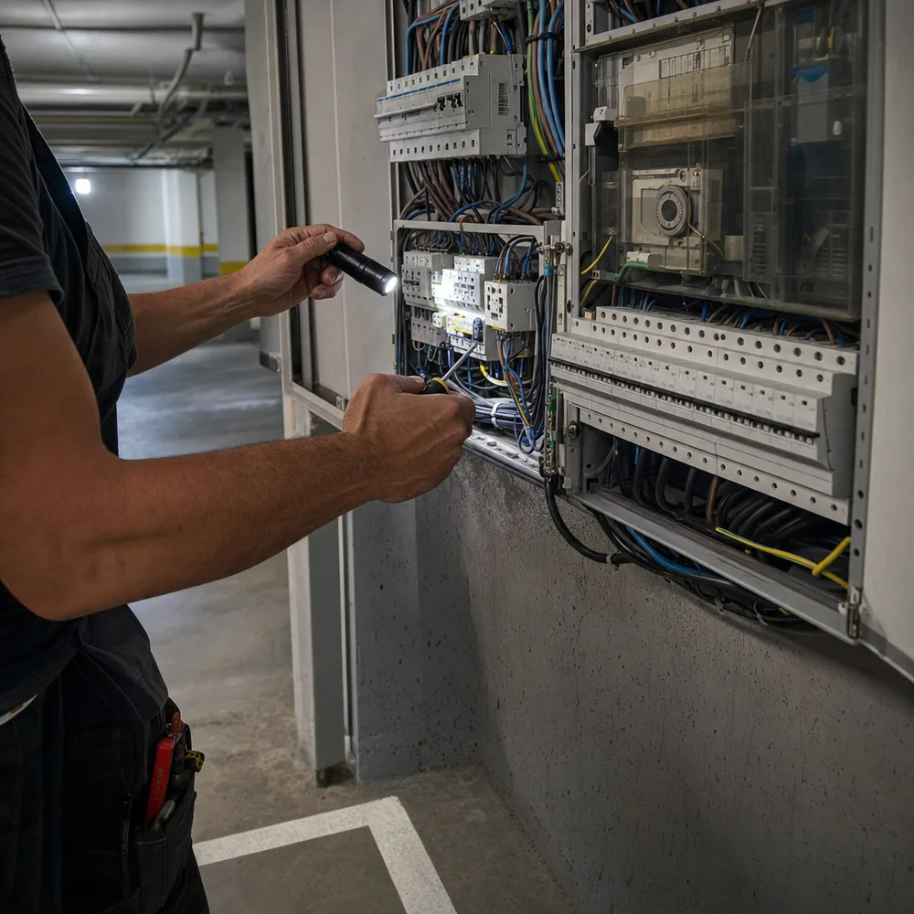 Cuadro trifásico de comunidad revisado por el electricista urgente en Mallorca en un garaje