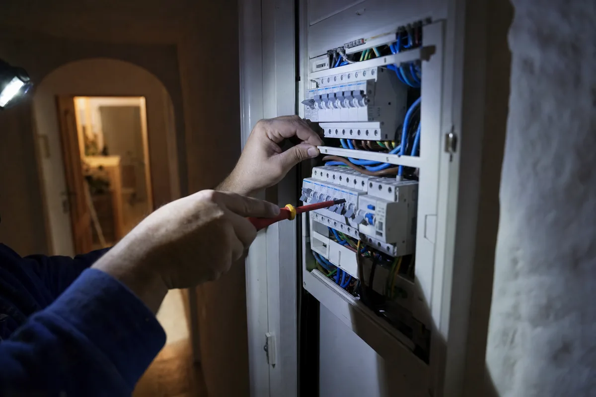 Electricista urgente en Mallorca revisando de noche el cuadro eléctrico de una vivienda