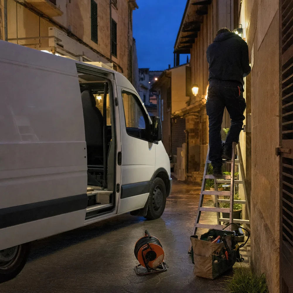 Furgoneta del electricista urgente en Mallorca aparcada de noche en un pueblo