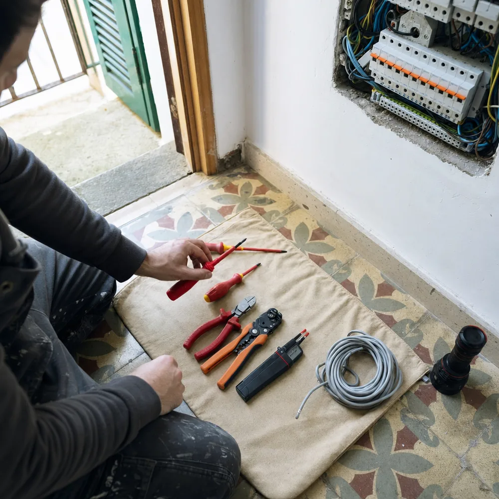 Herramientas preparadas por el electricista urgente en Mallorca junto a un cuadro abierto