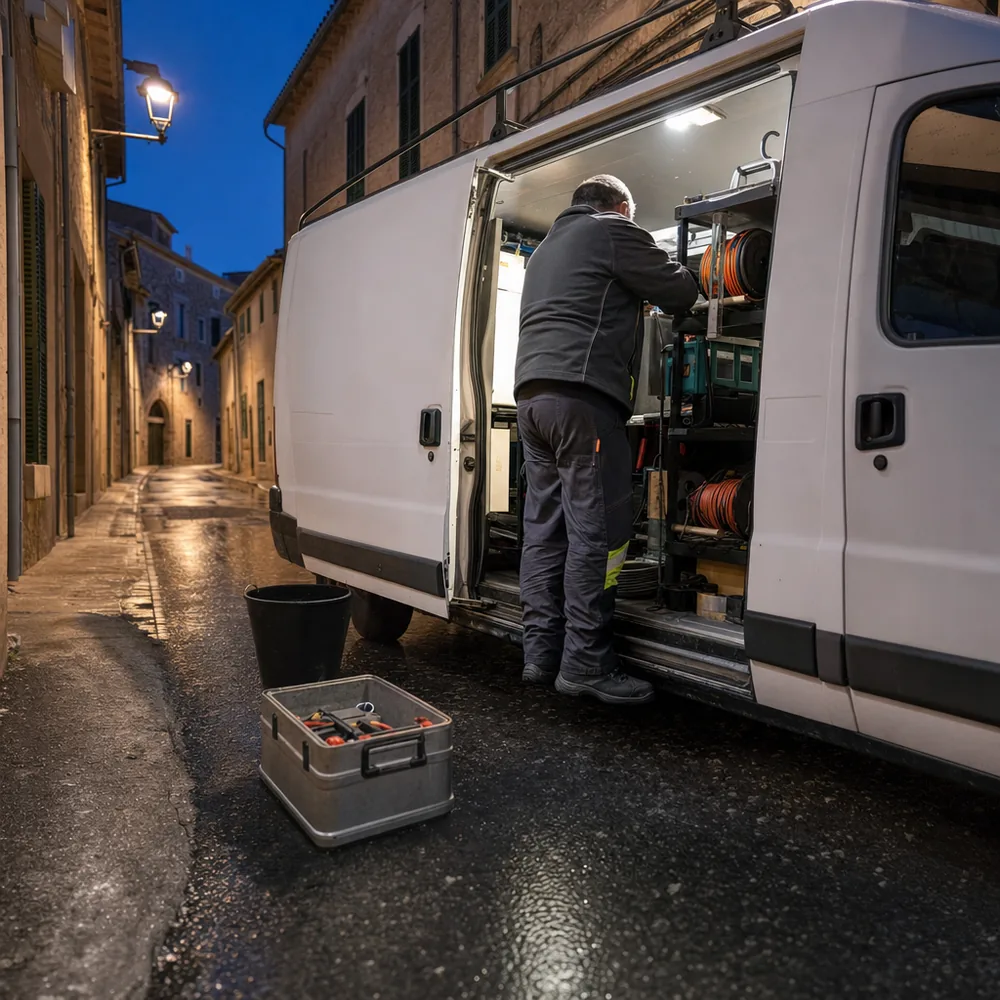 Furgoneta de electricista urgente en Manacor aparcada de noche en una calle del centro