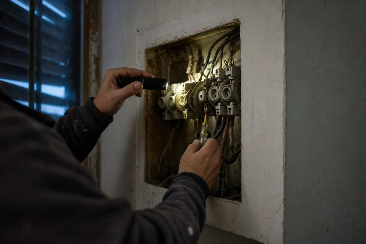 Electricista urgente en Manacor revisando un cuadro eléctrico antiguo con linterna de noche