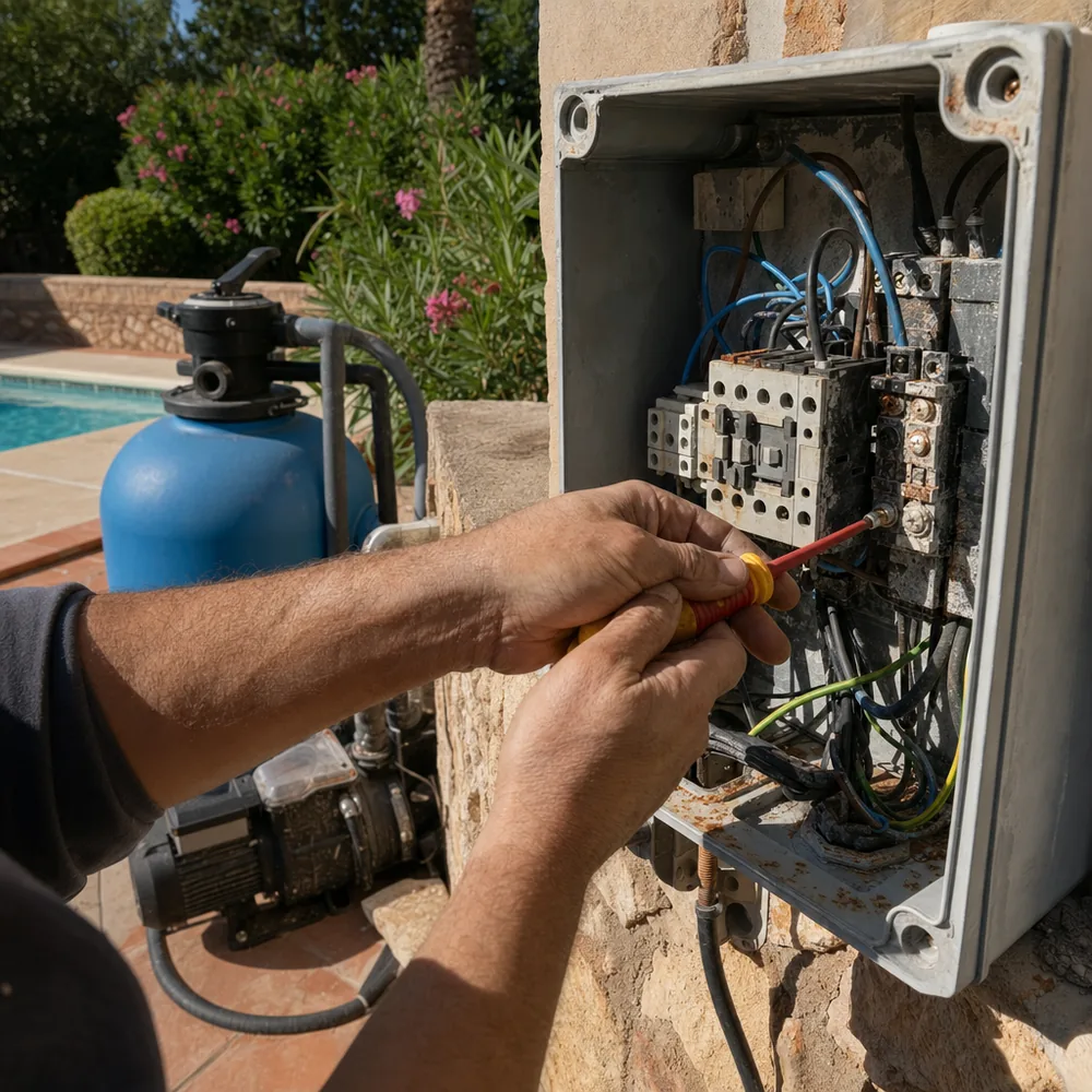 Cuadro exterior de piscina reparado por un electricista urgente en Marratxí