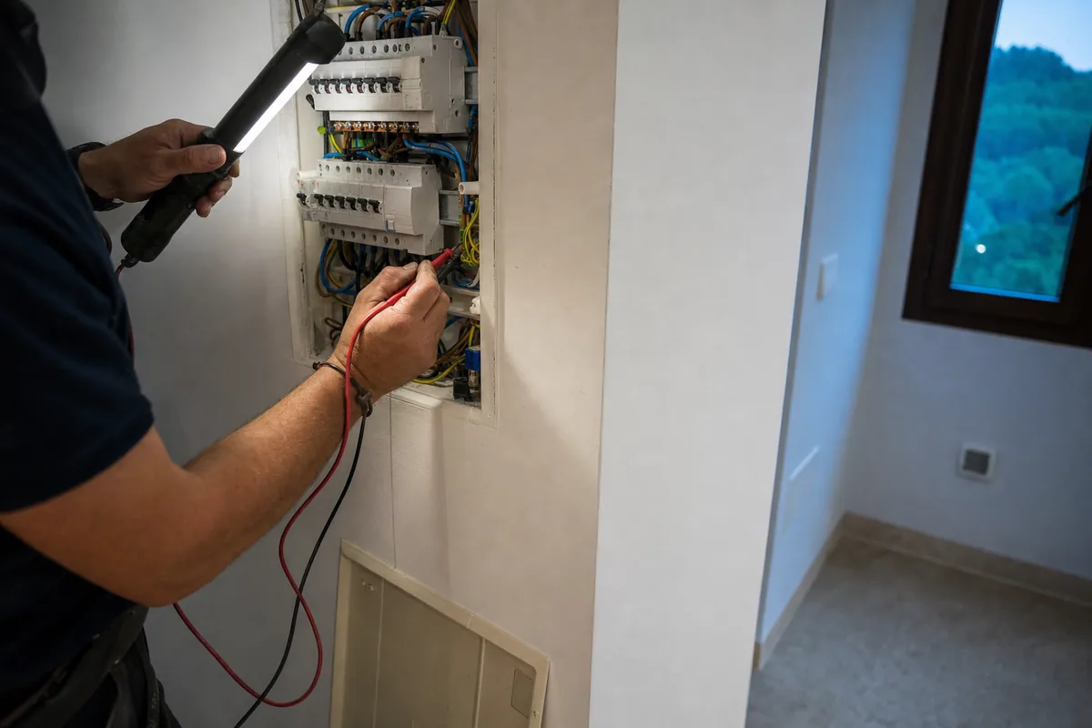 Electricista urgente en Marratxí revisando con multímetro el cuadro general de una vivienda