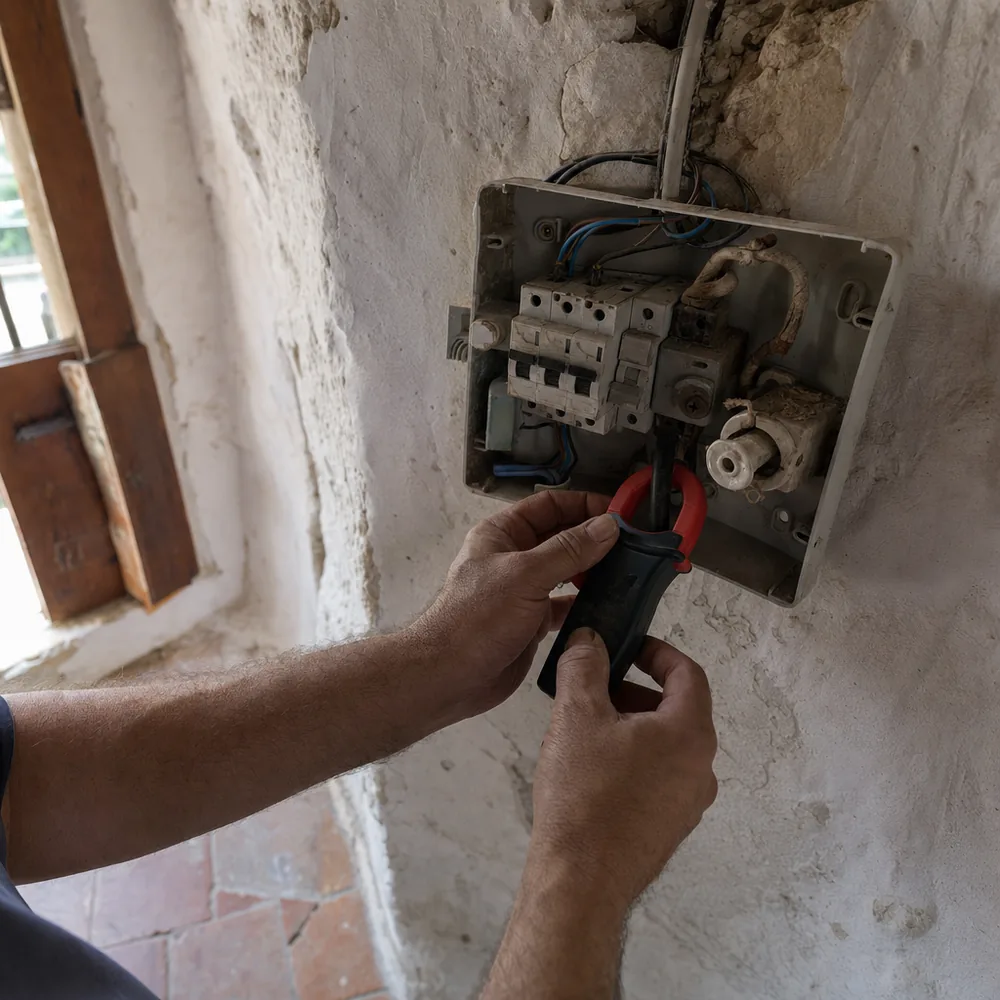 Electricista urgente en Marratxí midiendo con pinza amperimétrica en una casa de Pòrtol