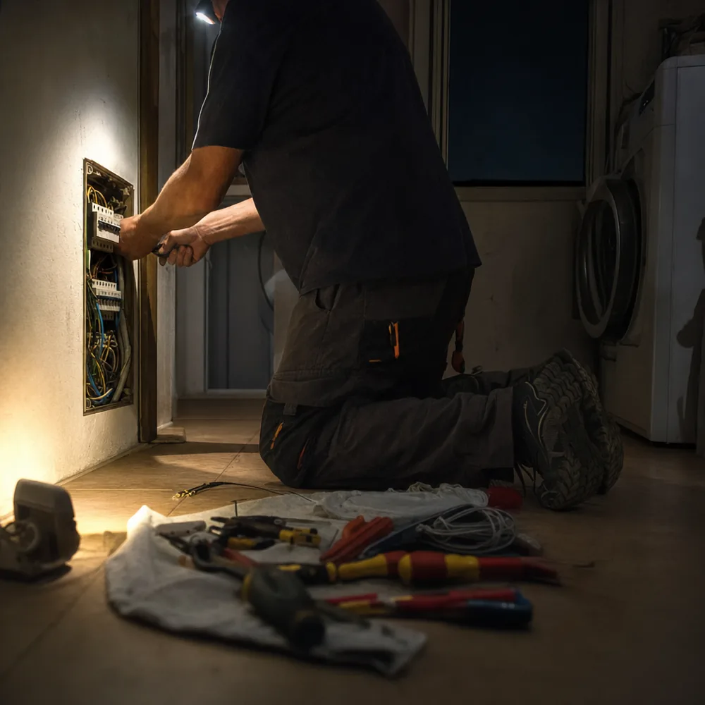 Electricista urgente en Marratxí trabajando de madrugada en el cuadro de una vivienda