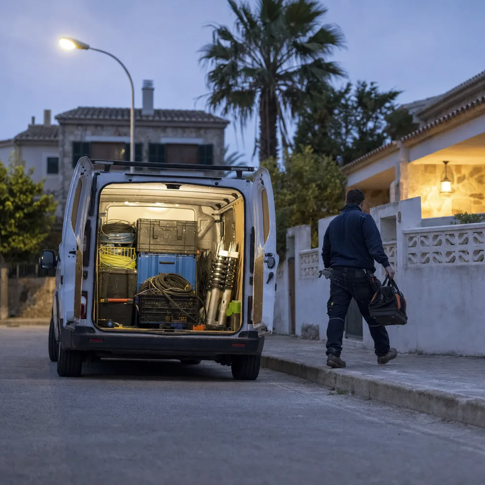 Furgoneta del electricista urgente en Marratxí llegando de noche a una calle residencial