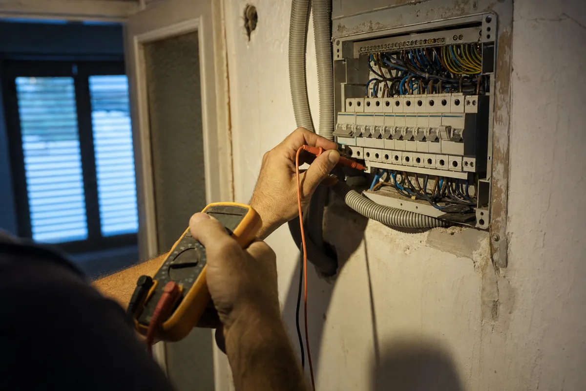 Electricista urgente en Palma midiendo con polímetro el cuadro eléctrico de una vivienda