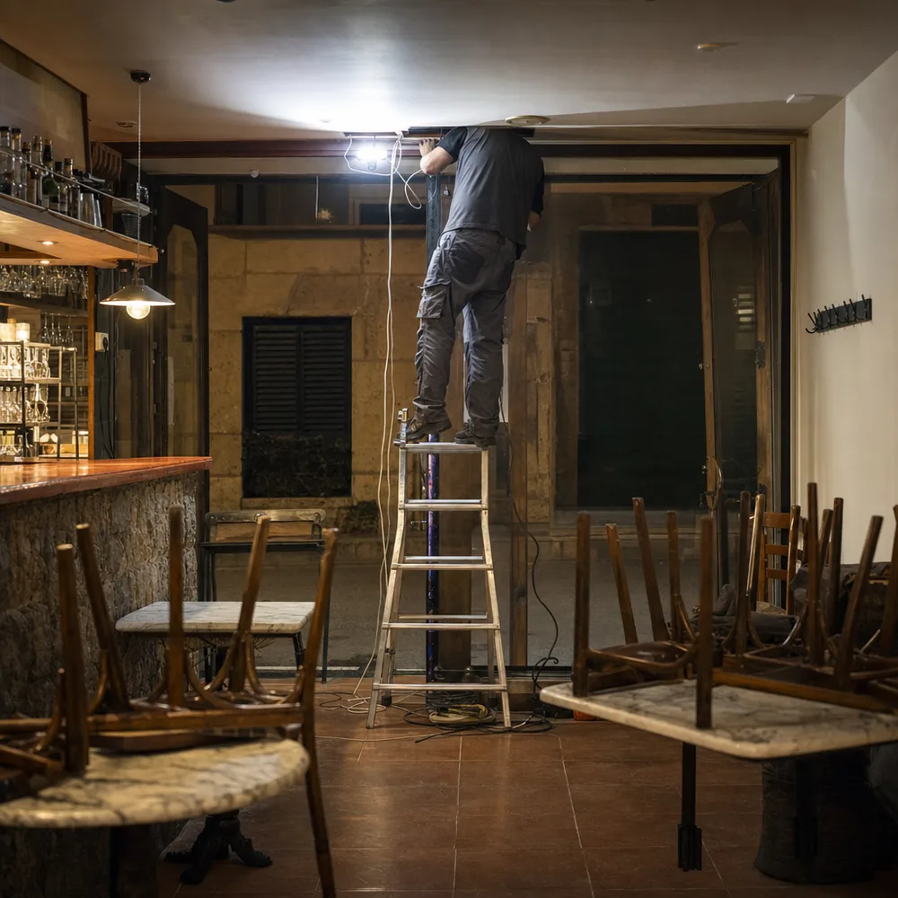 Electricista urgente en Palma reparando el alumbrado de emergencia de un bar