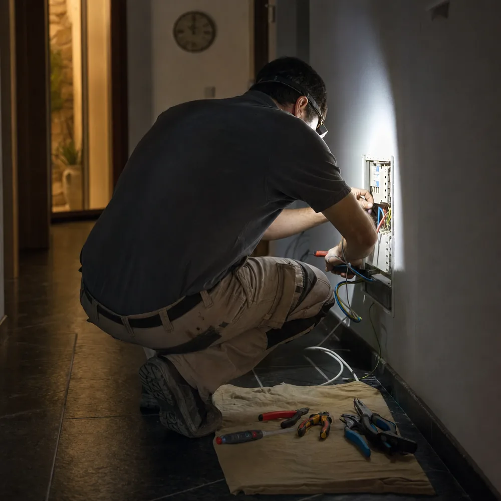 Electricista urgente en Palma trabajando de madrugada en un cuadro sin recargo