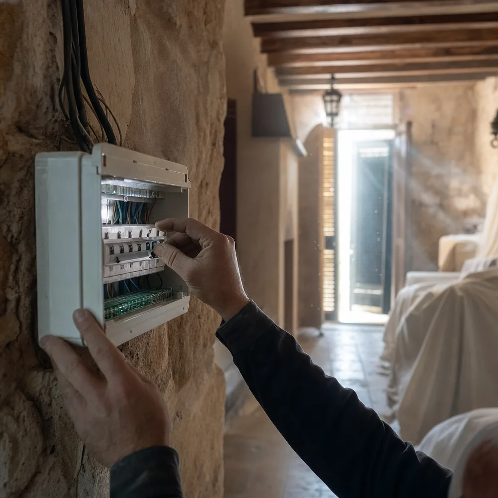 Manos dando tensión al cuadro de una segunda residencia de Pollença tras el invierno