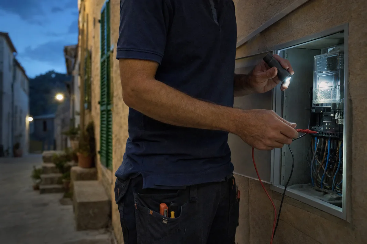 Electricista urgente en Pollença revisando la caja de contadores de una casa de piedra