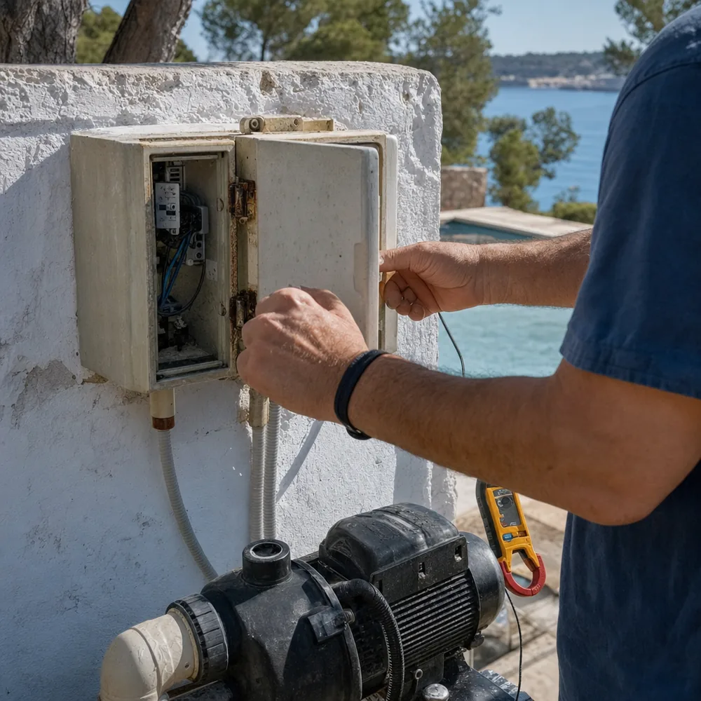Cuadro exterior oxidado por el salitre junto a una piscina del Port de Pollença