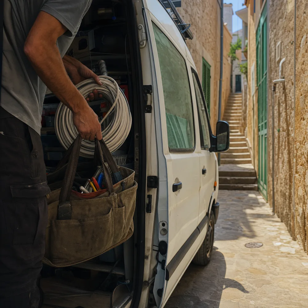 Furgoneta de electricista aparcada en una calle de piedra del casco de Pollença