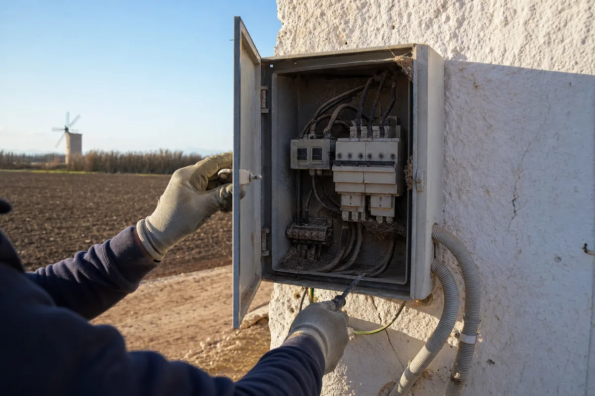 Electricista urgente en Sa Pobla abriendo un cuadro exterior en una finca del pueblo