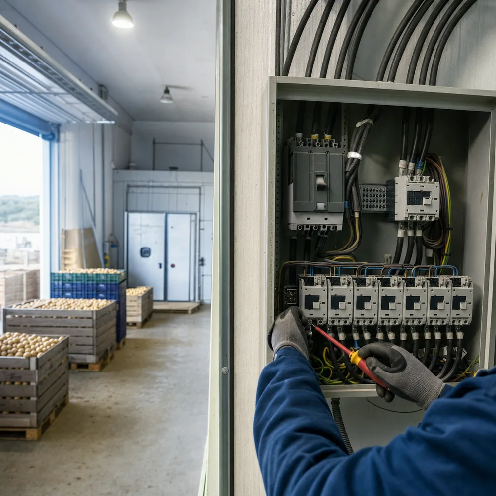 Electricista revisando el cuadro general de un almacén agrícola en Sa Pobla
