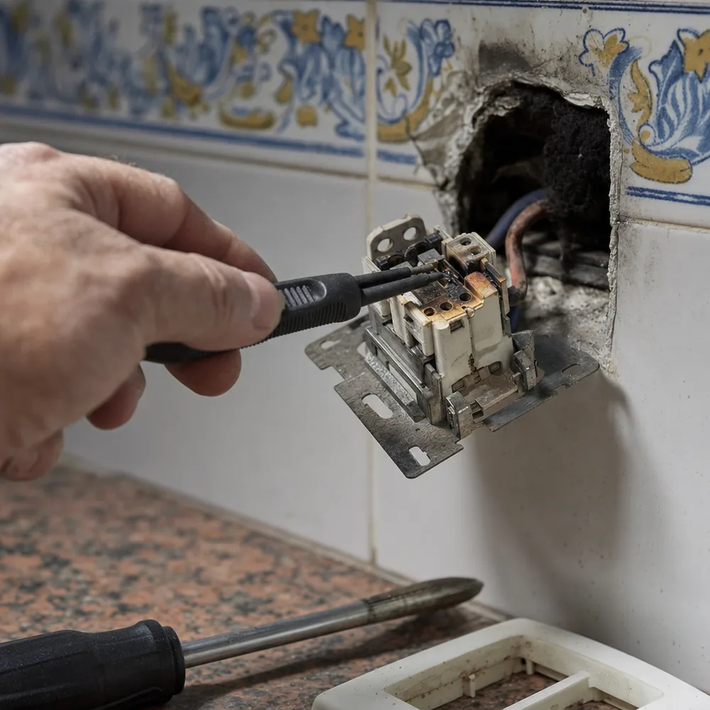 Comprobando con buscapolos un enchufe quemado en una vivienda de Sa Pobla