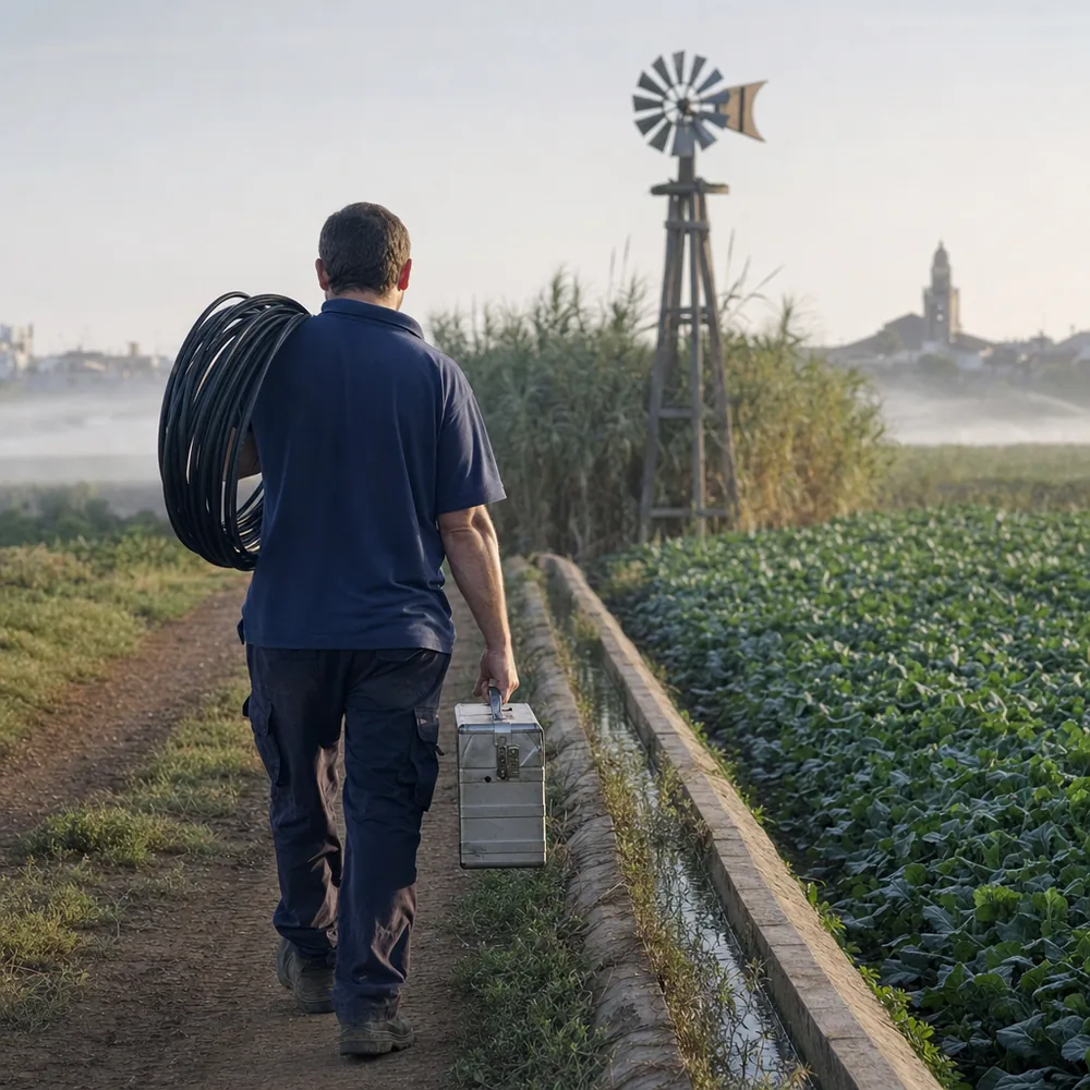 Técnico caminando por un camino de tierra hacia un aviso en Sa Pobla