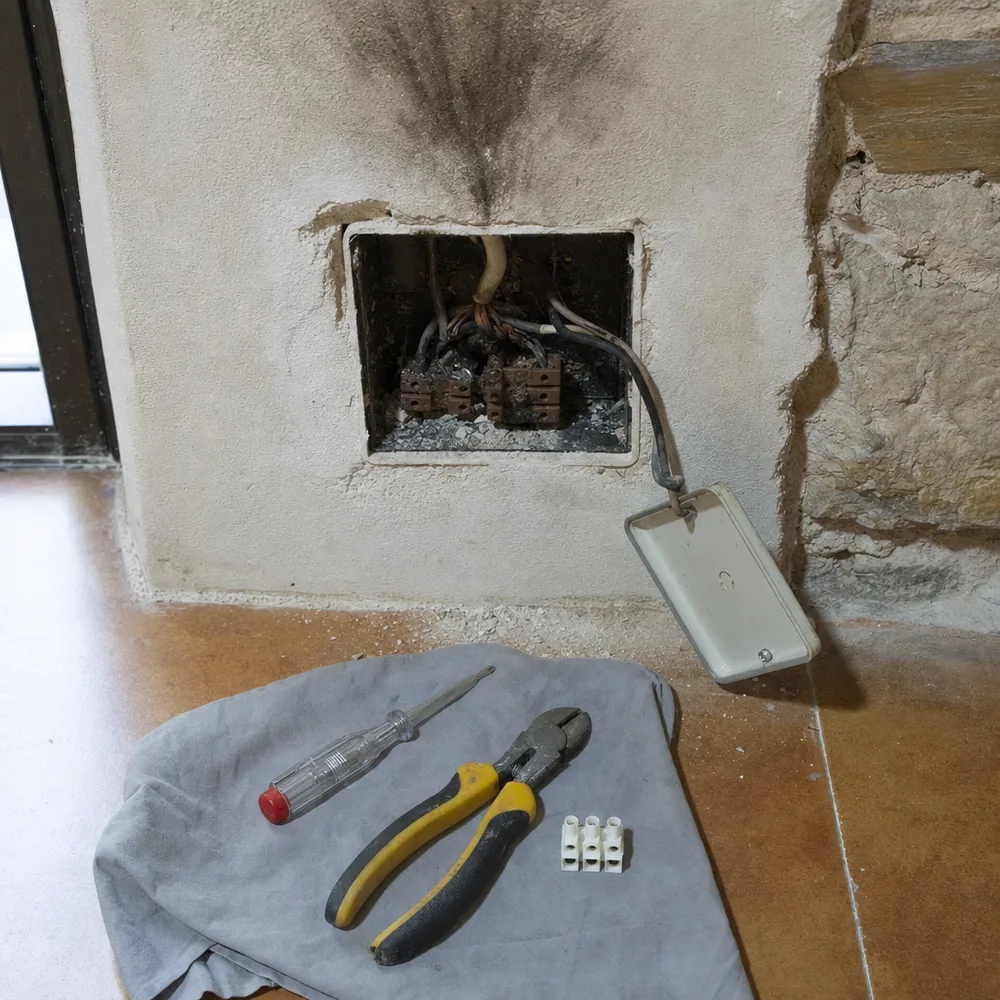 Caja de conexiones abierta con cables quemados durante una urgencia eléctrica en Santanyí