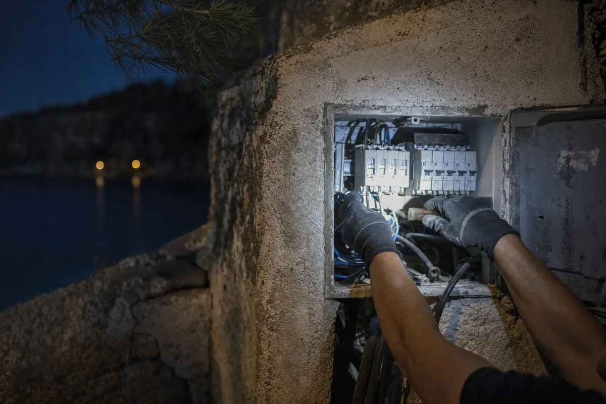 Electricista urgente en Santanyí revisando de noche un cuadro exterior junto al mar