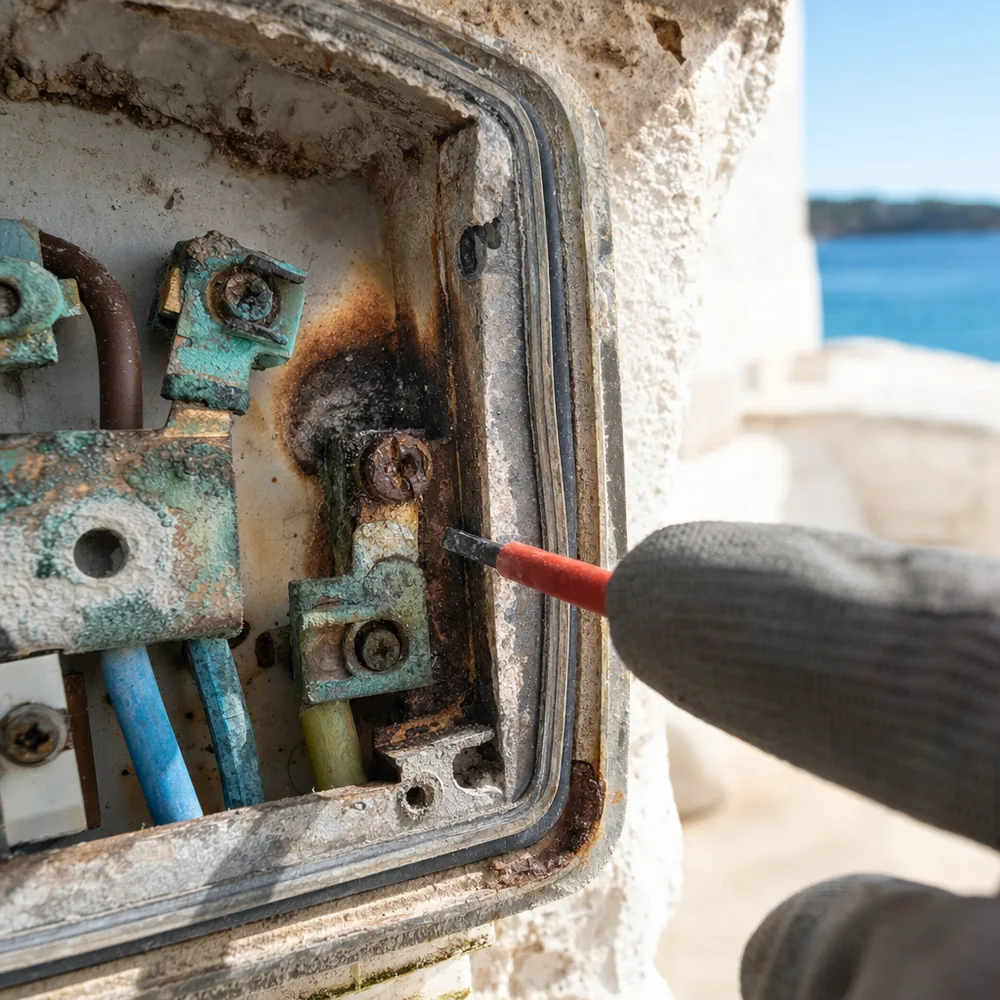 Bornes oxidados por el salitre en un cuadro exterior de una casa de Santanyí