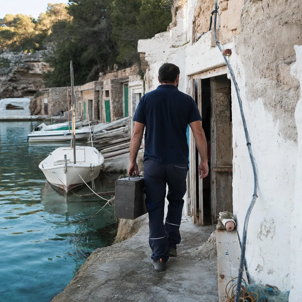 Técnico caminando con la caja de herramientas por el muelle de Cala Figuera